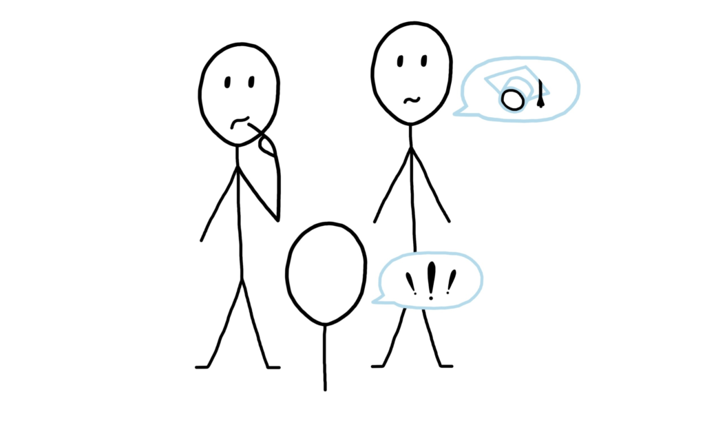 Stick figures depicting parents telling their child to finish their university degree in the middle of their child expressing their interest to do something else.